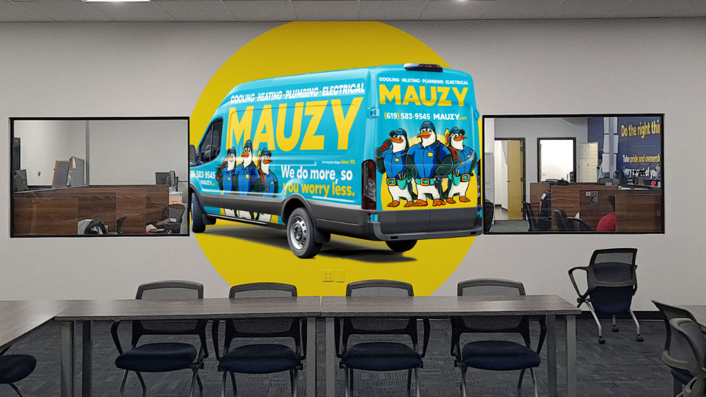  Custom office wall graphic featuring a large MAUZY service van wrap illustration on a conference room wall.