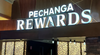 Illuminated Pechanga Rewards sign inside Pechanga Resort Casino in Temecula, California