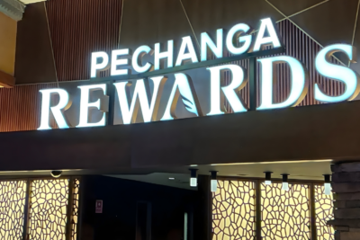 Illuminated Pechanga Rewards sign inside Pechanga Resort Casino in Temecula, California