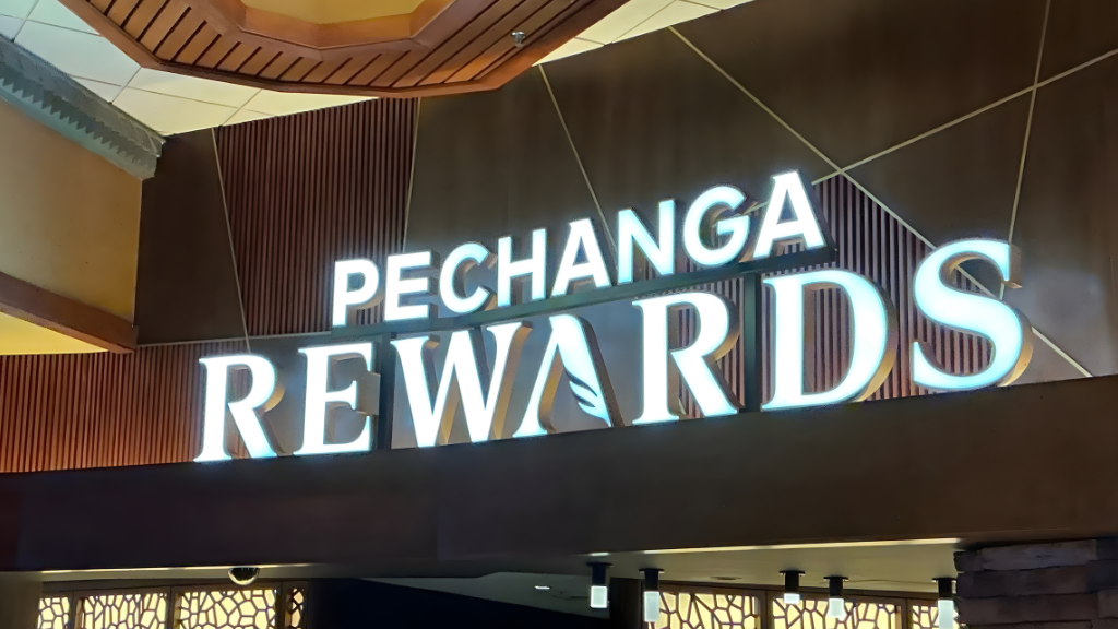 Illuminated Pechanga Rewards sign inside Pechanga Resort Casino in Temecula, California