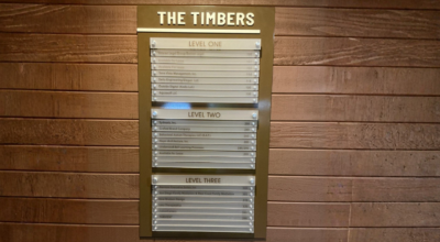 Interior tenant directory sign at The Timbers, 445 Marine View Ave, Del Mar, CA