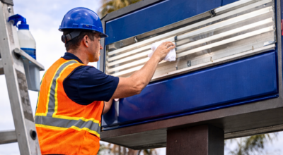 Sign technician cleaning and maintaining an outdoor illuminated sign on a ladder in San Diego
