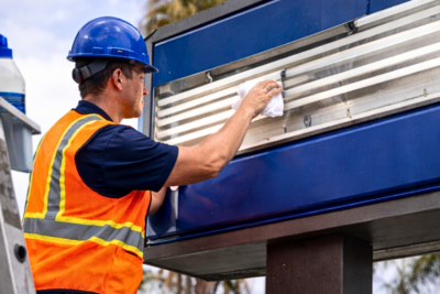 Sign technician cleaning and maintaining an outdoor illuminated sign on a ladder in San Diego