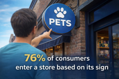 Customer pointing at storefront signage illustrating how 76% of consumers enter a store based on its sign