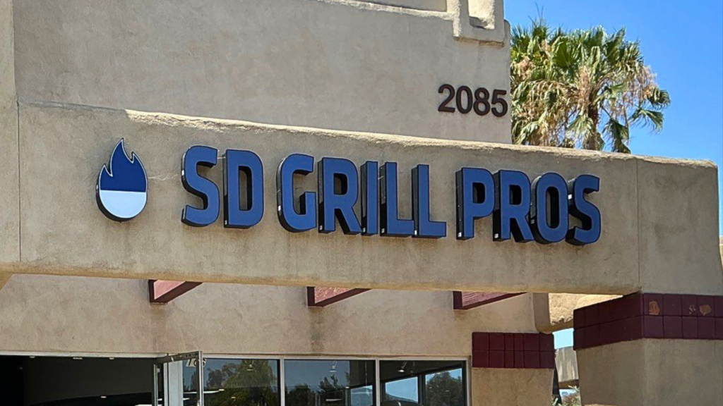 Custom blue channel letter storefront sign installed for SD Grill Pros in San Marcos, California by All Star Signs.