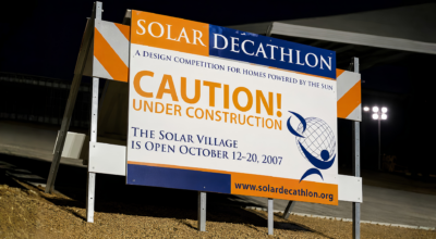 Temporary construction site sign installed at a San Diego commercial development, providing project information and improving public safety during construction.