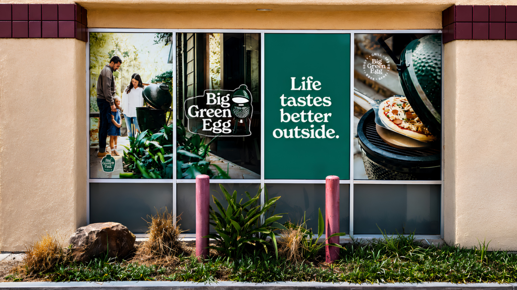 Professionally installed full-color window graphics on a commercial storefront in Escondido, showcasing custom branding and promotional signage for a retail business.