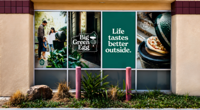 Professionally installed full-color window graphics on a commercial storefront in Escondido, showcasing custom branding and promotional signage for a retail business.