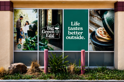 Professionally installed full-color window graphics on a commercial storefront in Escondido, showcasing custom branding and promotional signage for a retail business.