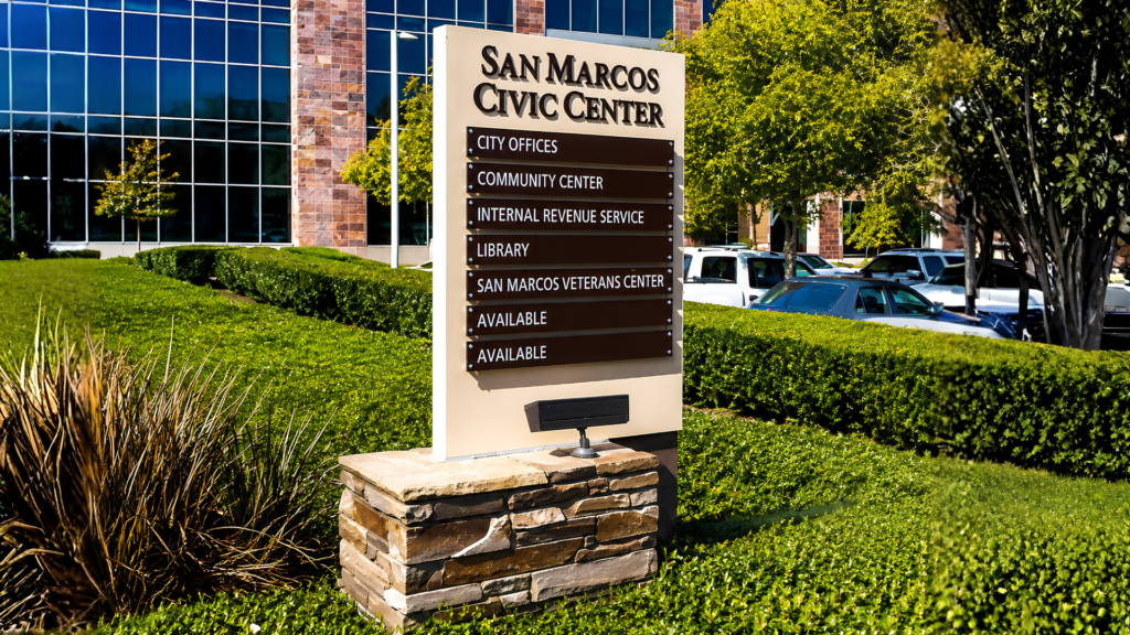 Modern monument sign installed outside a San Diego commercial office property, demonstrating effective placement, visibility, and wayfinding for businesses.