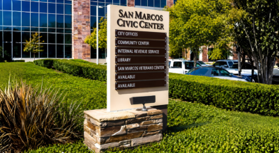 Modern monument sign installed outside a San Diego commercial office property, demonstrating effective placement, visibility, and wayfinding for businesses.