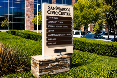 Modern monument sign installed outside a San Diego commercial office property, demonstrating effective placement, visibility, and wayfinding for businesses.