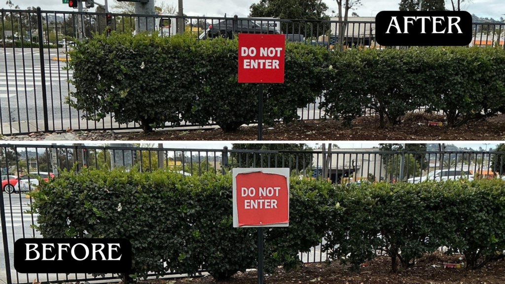 Before-and-after comparison of a damaged red Do Not Enter sign and a newly installed replacement sign at a commercial property