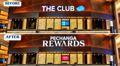 Before-and-after commercial signage at Pechanga showing The Club sign updated to illuminated Pechanga Rewards lettering above the reception desk