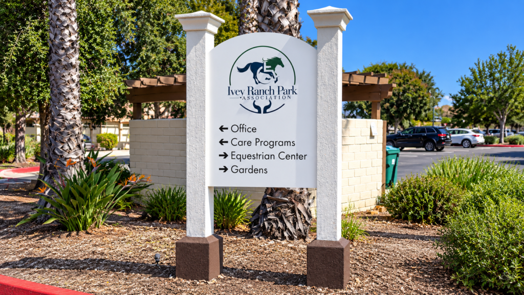 Custom wayfinding sign at Ivey Ranch Park Association with directional arrows guiding visitors to offices, care programs, equestrian center, and gardens